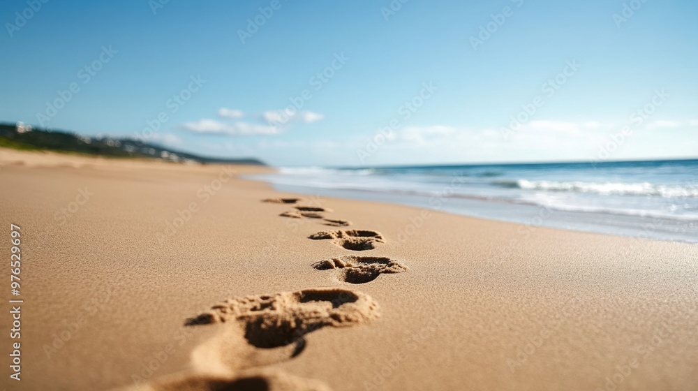 A serene beach scene with footprints in the sand leading towards the calm ocean under a clear blue sky. A serene beach scene with footprints in the sand leading towards the calm ocean under a clear blue sky.