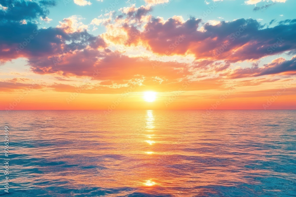 Fototapeta premium Horizon Sea Sky Background, Sunset sky clouds over sea in the evening with Orange, Yellow sunlight Golden hour in Summer landscape, Dusk sky seascape backgrounds , ai