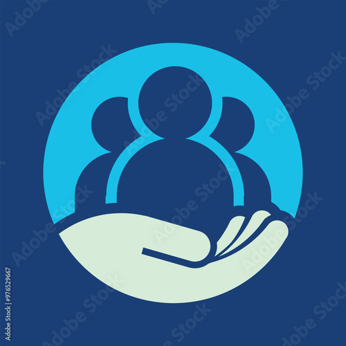 This is a logo design that depicts a team of three abstract people being held by an open hand on a round circle shape symbolizing help and unity

