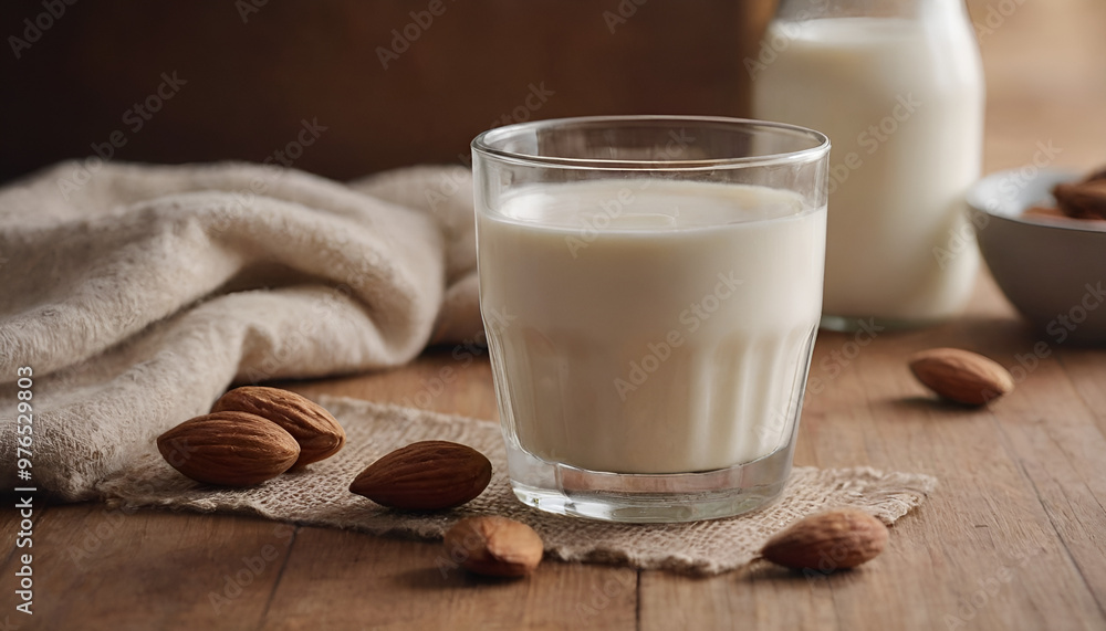 glass of almond milk on a table glass of almond milk on a table