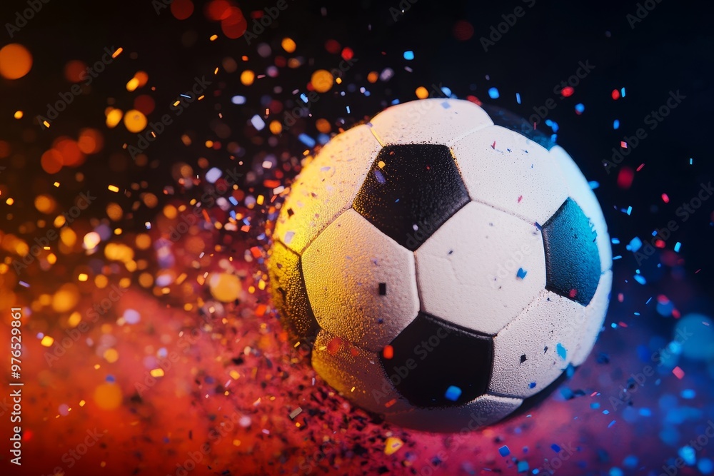 Naklejka premium A soccer ball explodes with colorful sparks and confetti, symbolizing celebration, excitement, energy, victory, and achievement.