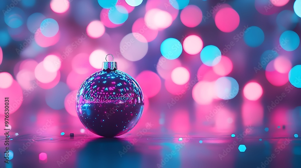 Fototapeta premium Futuristic Glowing Holographic Christmas Baubles with Neon Holiday Lights Backdrop