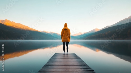 A tranquil scene of a person in a yellow raincoat standing alone on a wooden dock, reflecting on a calm lake surrounded by mountains.