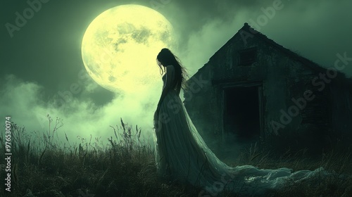 Eerie Ghostly Woman in Flowing Dress at Moonlit Broken Barn Entrance