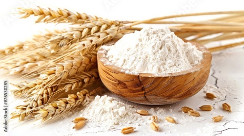 A bowl of flour and wheat on the table next to the ears.