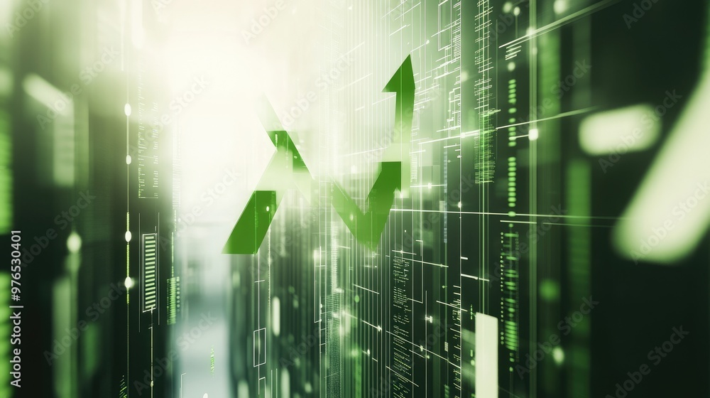 Abstract digital green arrow pointing upward. Abstract digital green arrow pointing upward.