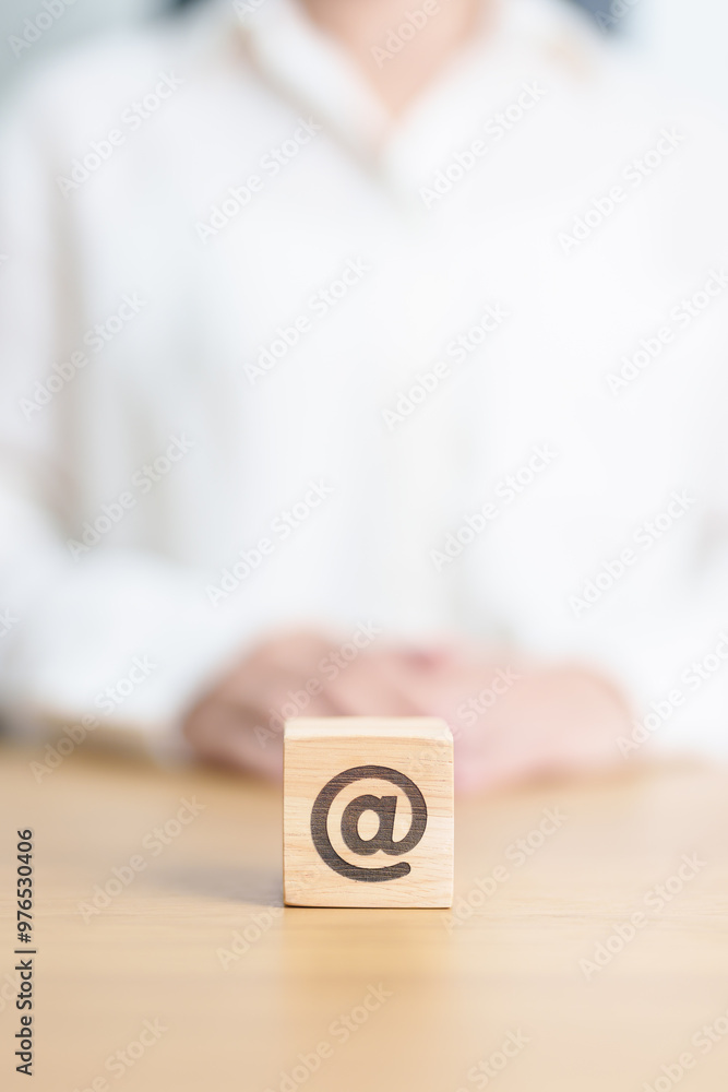 Contact Us concepts. Wood block of Website Address sign. For Customer support hotline, business Marketing, Corporate, communication and Advertising