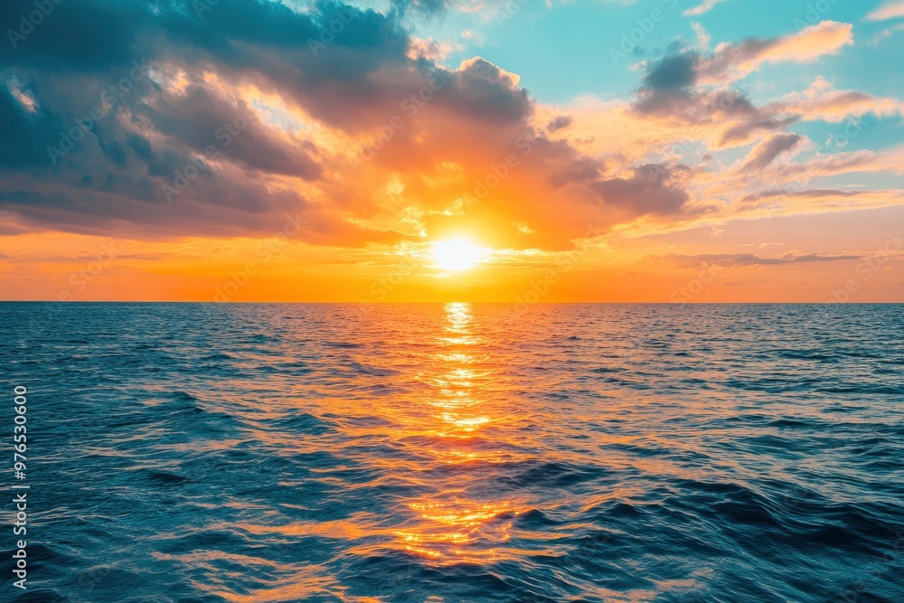 Fototapeta premium Horizon Sea Sky Background, Sunset sky clouds over sea in the evening with Orange, Yellow sunlight Golden hour in Summer landscape, Dusk sky seascape backgrounds , ai