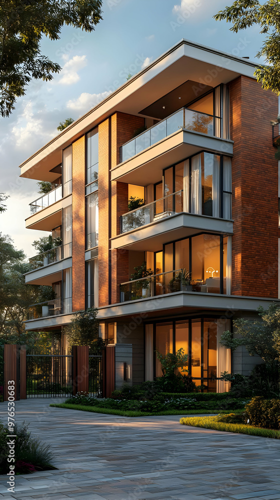 Modern Apartment Building Illustration - Sunset With Balconies and Landscaping Modern Apartment Building Illustration - Sunset With Balconies and Landscaping