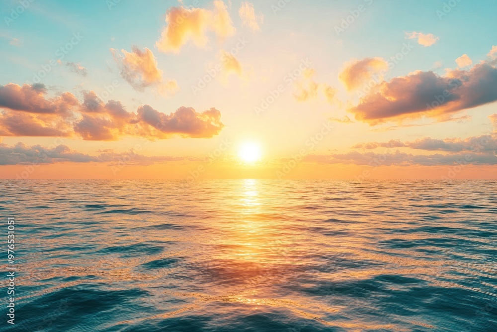 Fototapeta premium Horizon Sea Sky Background, Sunset sky clouds over sea in the evening with Orange, Yellow sunlight Golden hour in Summer landscape, Dusk sky seascape backgrounds , ai