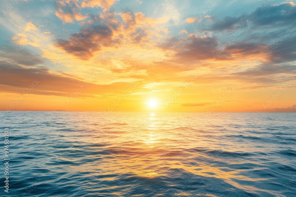 Obraz premium Horizon Sea Sky Background, Sunset sky clouds over sea in the evening with Orange, Yellow sunlight Golden hour in Summer landscape, Dusk sky seascape backgrounds , ai