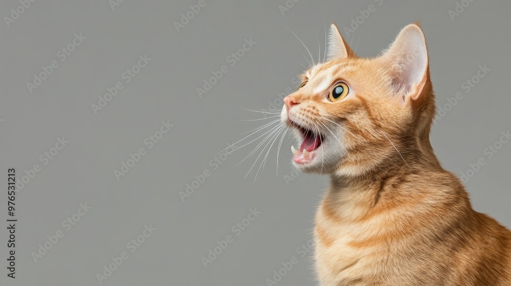 Obraz premium A surprised ginger cat gazing to the side with its mouth wide open, showcasing curiosity and wonder, perfect for pet lovers.