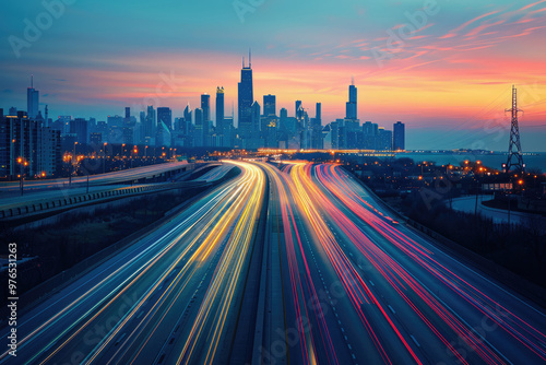 At night, the light trajectory of the taillights of fast-moving vehicles on city roads