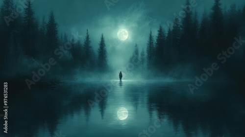 Spectral Encounter - Ghostly Figure Hovering Over Dark Lake at Night with Moonlight Reflection and Mist Rising