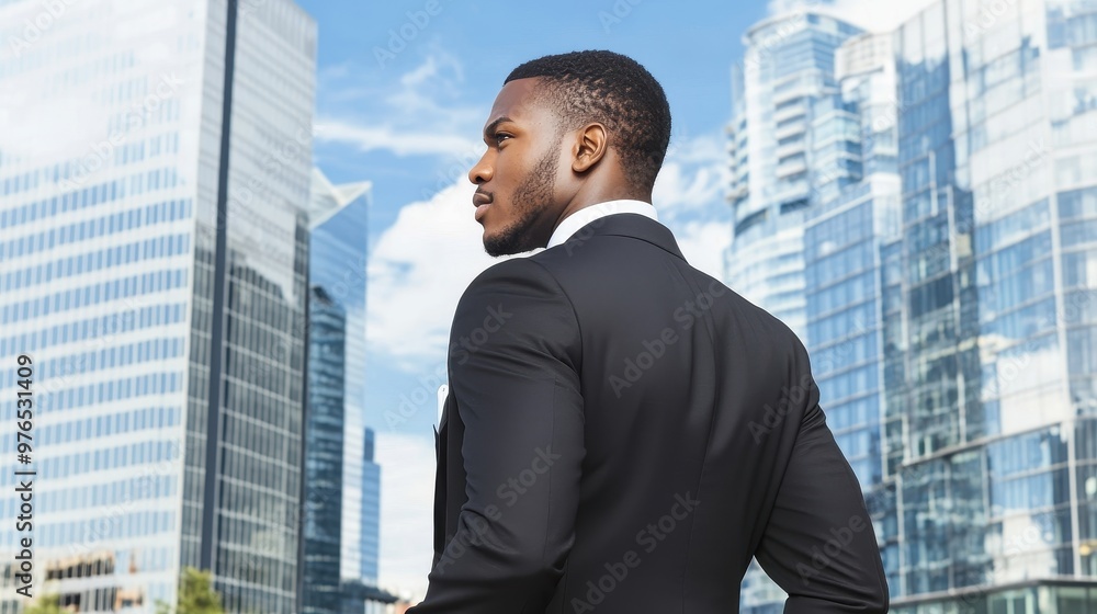 Businessman in Suit Standing in Front of Cityscape Businessman in Suit Standing in Front of Cityscape