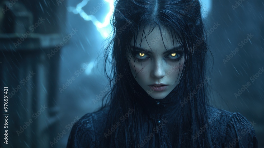 Mysterious Vampire at Gothic Castle with Glowing Eyes and Bats in Dramatic Lighting Mysterious Vampire at Gothic Castle with Glowing Eyes and Bats in Dramatic Lighting