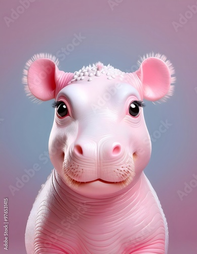 3D rendering of a cute and cheerful baby pygmy hippo on a pastel background.