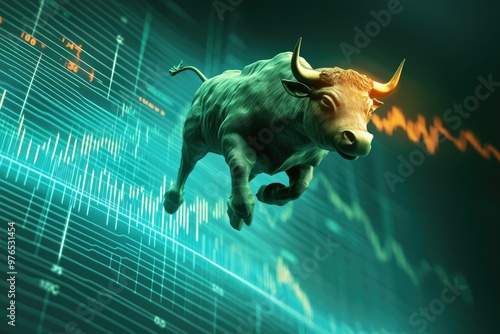 Bull leaping upwards on a financial chart representing market growth.