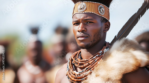 Young African man in traditional attire with bead necklace and headgear, looking determined while participating in a cultural ceremony. photo