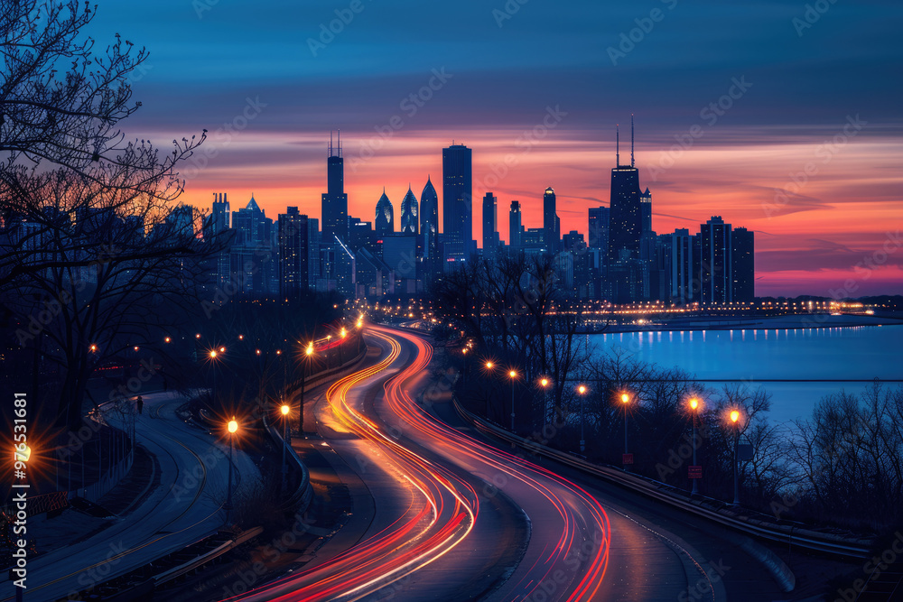Obraz premium At night, the light trajectory of the taillights of fast-moving vehicles on city roads