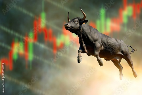 Bull leaping upwards on a financial chart representing market growth.