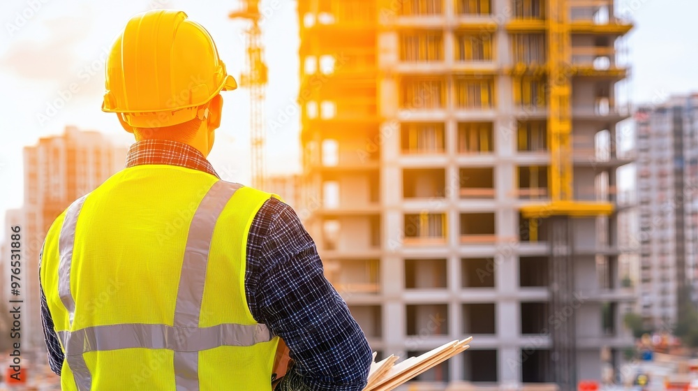 Construction Worker in Hard Hat Inspecting Building Site Construction Worker in Hard Hat Inspecting Building Site