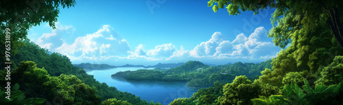 A tranquil lake nestled amidst verdant mountains, with a bright blue sky dotted with fluffy clouds, evokes a sense of peace and serenity.