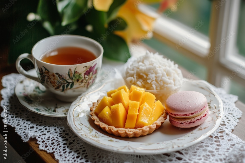 Enjoy a delightful spread of tropical flavors. Fresh mango slices, fluffy rice, and sweet macarons on a vintage plate. Perfect for tea time or dessert. Generative AI Enjoy a delightful spread of tropical flavors. Fresh mango slices, fluffy rice, and sweet macarons on a vintage plate. Perfect for tea time or dessert. Generative AI