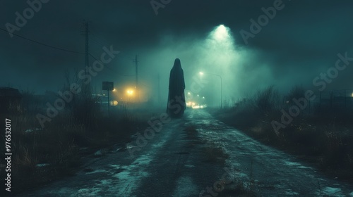 Eerie Ghostly Figure Floating Above Abandoned Highway at Night in Dense Fog with Broken Streetlights - Hyperrealistic Photography Shot with Nikon D750