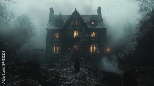 Eerie Haunted Mansion at Night with Ghostly Figure in Misty Garden