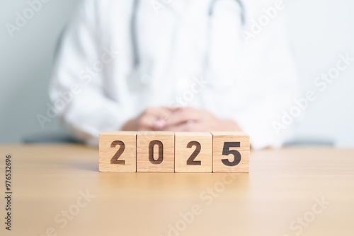 2025 block. Happy New Year for Medical, Health care, Insurance and Wellness concepts
