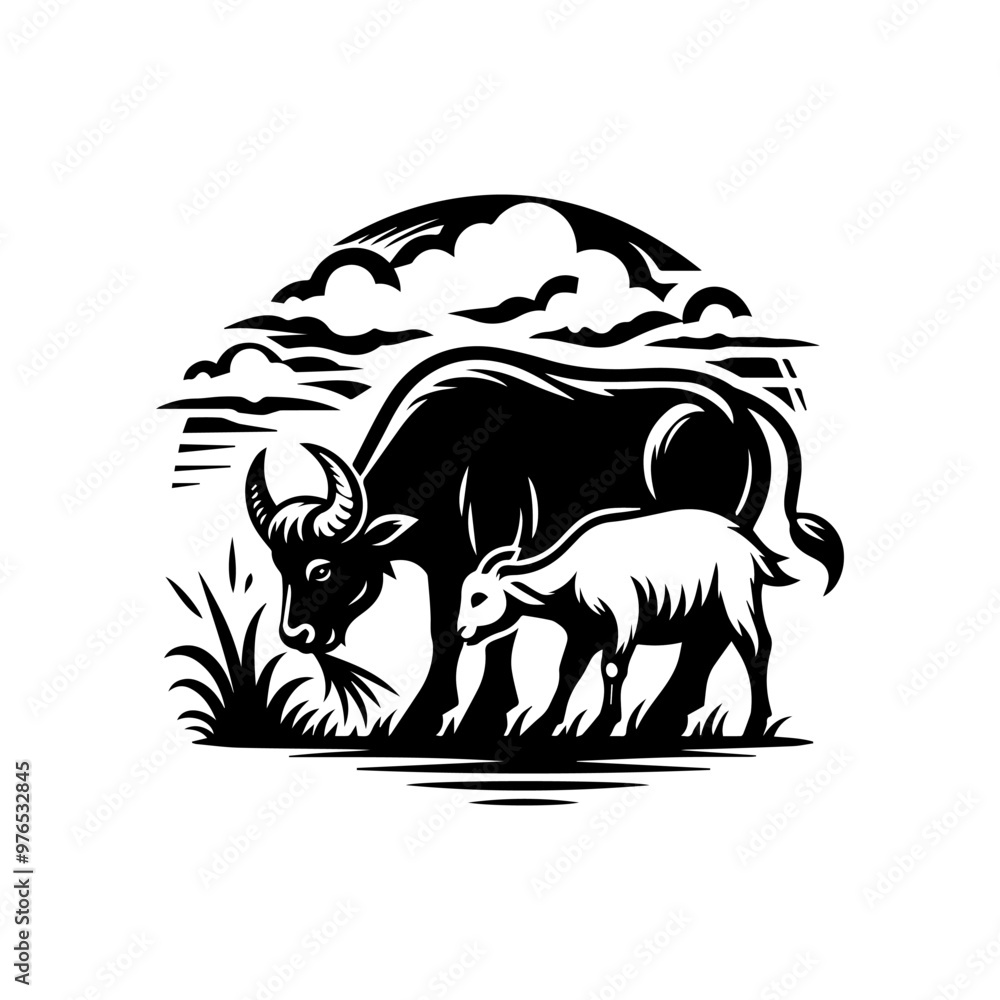 Obraz premium logo of cow and goat eating grass