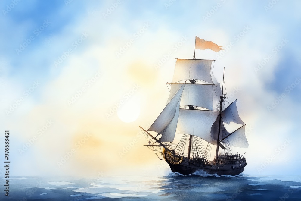A watercolor painting of a pirate ship sailing across the ocean at sunset, symbolizing adventure, exploration, freedom, the sea, and history. A watercolor painting of a pirate ship sailing across the ocean at sunset, symbolizing adventure, exploration, freedom, the sea, and history.