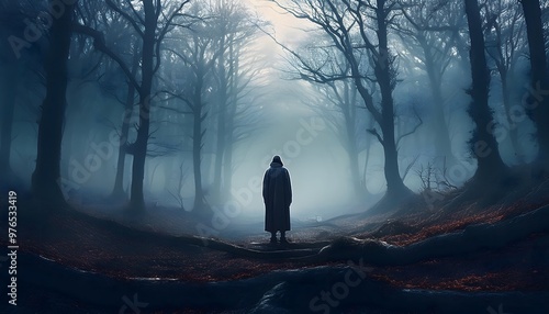 The concept of sadness and sorrow A lone figure stood in the empty misty forest.