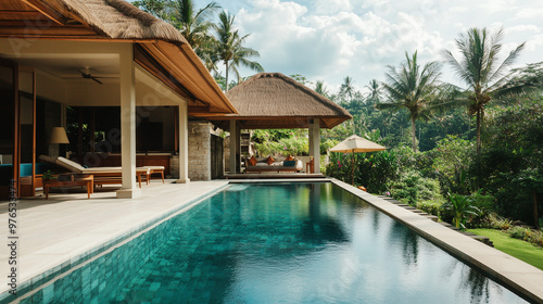 Wallpaper Mural Luxurious tropical villa with serene swimming pool, surrounded by lush greenery and tall palm trees under a bright sky, providing a relaxing atmosphere. Torontodigital.ca