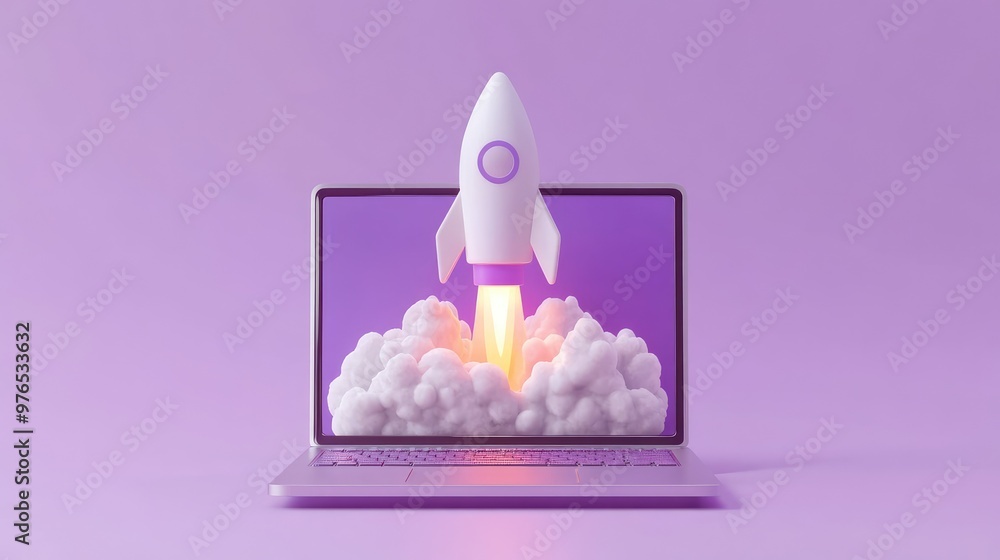 A white cartoon rocket taking off from a laptop screen with a purple background. A white cartoon rocket taking off from a laptop screen with a purple background.