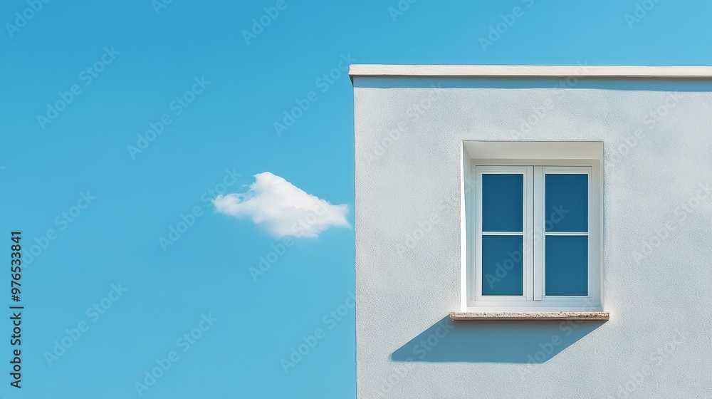 A white house with a single window, overlooking a blue sky with a fluffy cloud. Simplicity, architecture, nature, light, and serenity. A white house with a single window, overlooking a blue sky with a fluffy cloud. Simplicity, architecture, nature, light, and serenity.