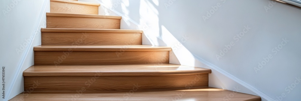 A set of wooden stairs ascends within a modern house, illuminated by natural sunlight, emphasizing architectural design, warmth, and the inviting atmosphere of this interior space. A set of wooden stairs ascends within a modern house, illuminated by natural sunlight, emphasizing architectural design, warmth, and the inviting atmosphere of this interior space.