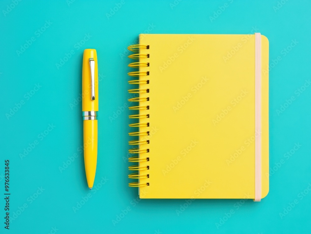 A bright yellow notebook and pen arranged on a vibrant teal background, perfect for creative inspiration and writing. A bright yellow notebook and pen arranged on a vibrant teal background, perfect for creative inspiration and writing.