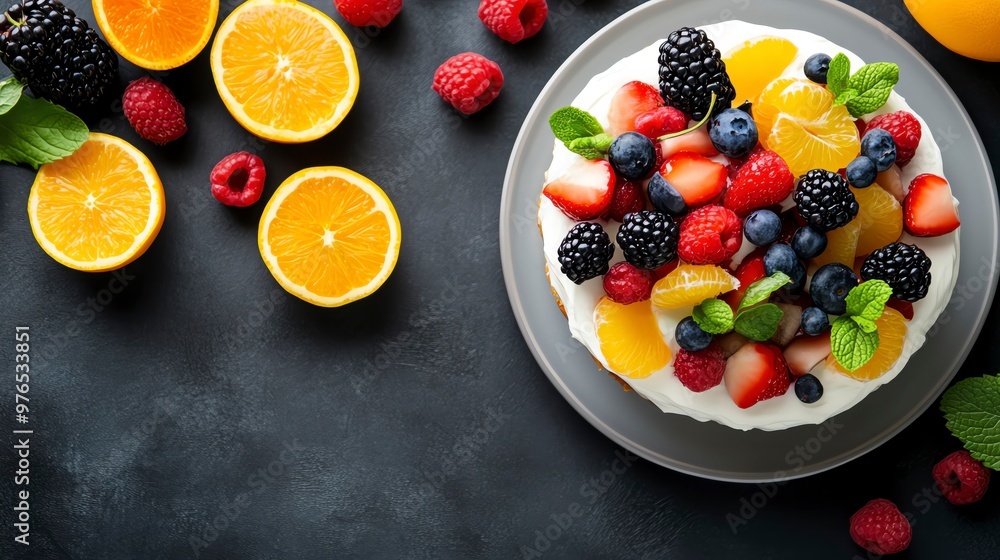 Delicious fruit cake topped with fresh berries and oranges on a dark background, perfect for desserts and culinary presentations. Delicious fruit cake topped with fresh berries and oranges on a dark background, perfect for desserts and culinary presentations.