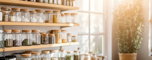 A bright and organized shelf displaying a variety of glass jars filled with herbs and spices, enhancing a kitchen ambiance.