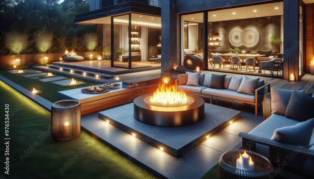 A sleek, modern fire pit burning in the center of a well-designed backyard, with cozy seating and ambient lighting around, warm and inviting A sleek, modern fire pit burning in the center of a well-designed backyard, with cozy seating and ambient lighting around, warm and inviting