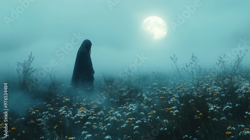 Ghostly Figure in Fog-Covered Meadow: Eerie Moonlit Night with Mysterious Atmosphere