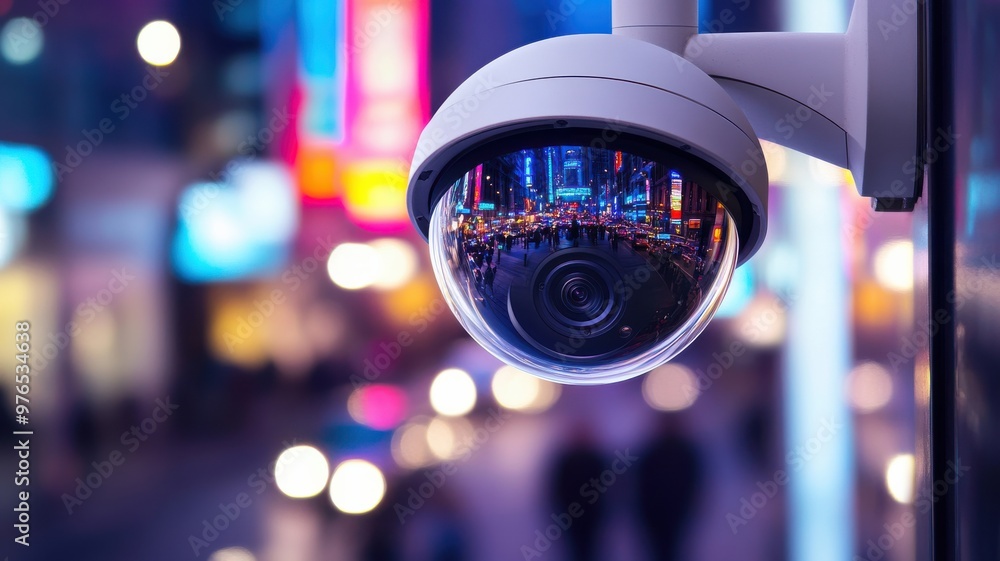 A close-up of a security camera capturing vibrant city lights, symbolizing surveillance and urban safety at night. A close-up of a security camera capturing vibrant city lights, symbolizing surveillance and urban safety at night.