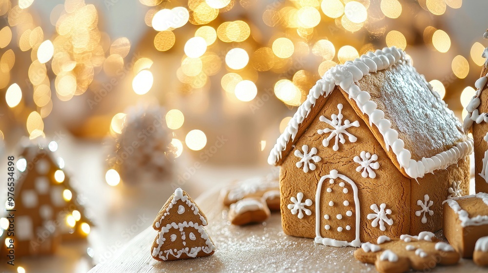 Festive Gingerbread House and Christmas Tree Cookies with Bokeh Lights Festive Gingerbread House and Christmas Tree Cookies with Bokeh Lights