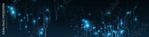 Abstract AI circuit board background. Technology connected blue lines with electronics elements on tech bg. Computer motherboard with a chip,