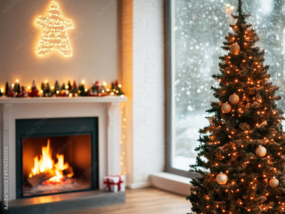 A cozy Christmas scene featuring a beautifully decorated tree next to a warm fireplace, perfect for holiday celebrations. A cozy Christmas scene featuring a beautifully decorated tree next to a warm fireplace, perfect for holiday celebrations.