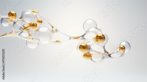 Fototapeta Naklejka Na Ścianę i Meble -  Abstract 3D rendering of a gold and glass structure with interconnected spheres.