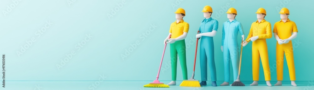 A diverse group of cleaning professionals in colorful uniforms, ready to tackle any cleaning challenge. Teamwork and efficiency shine. A diverse group of cleaning professionals in colorful uniforms, ready to tackle any cleaning challenge. Teamwork and efficiency shine.