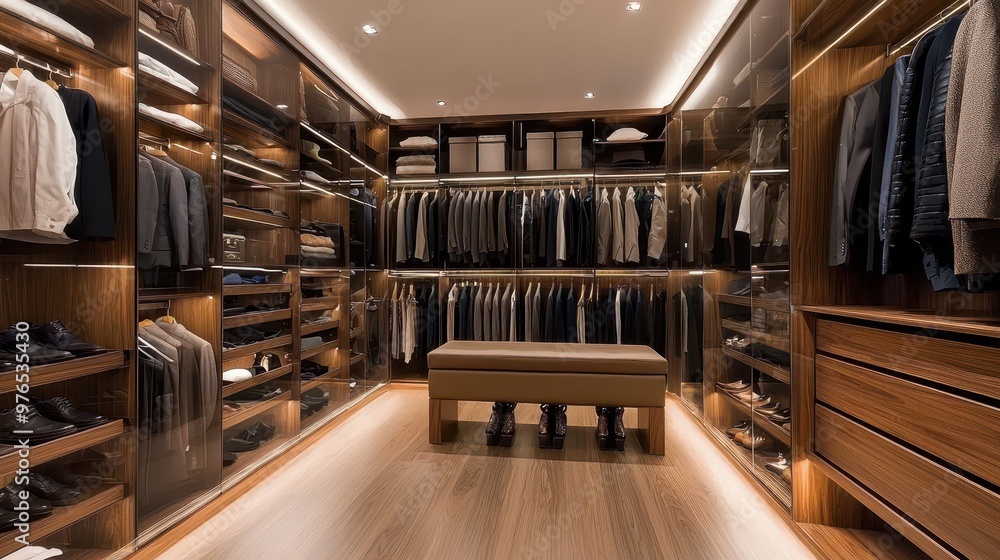 Modern Walk in Closet Interior Design with Wooden Shelving and Glass ...